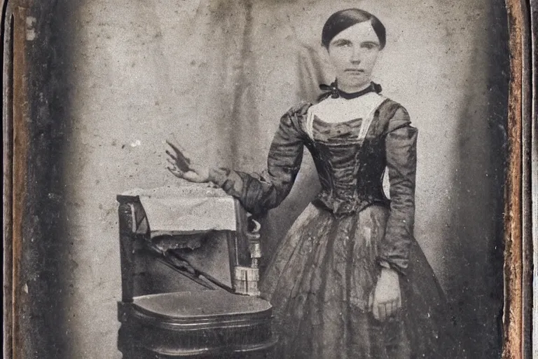 Image similar to detailed well - preserved daguerreotype of female android in beautiful victorian dress standing in decaying guest room with piano chairs furniture