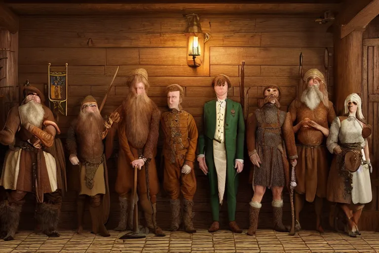 Prompt: A group of High Fantasy Creatures lined up for a portrait in a tavern, Screenshot of Wes Anderson's New RPG Movie, Photo realistic, Regal, Formal, Symmetrical, Satisfying, Dynamic lighting, Highly Detailed, Cinematic Lighting, 8k, HD