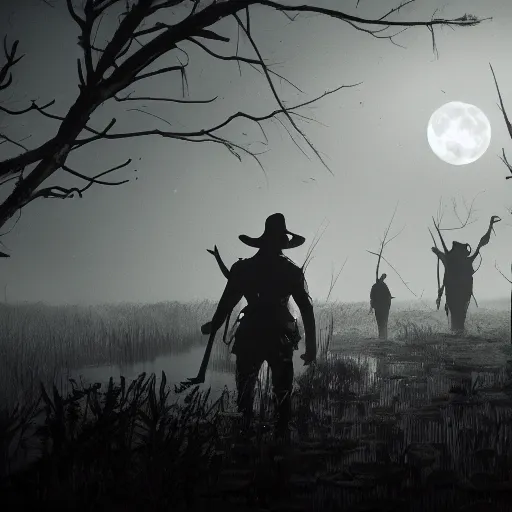 Image similar to hunters from hunt showdown walking across a swamp at night, horror scene, moon light, bayou, silence,