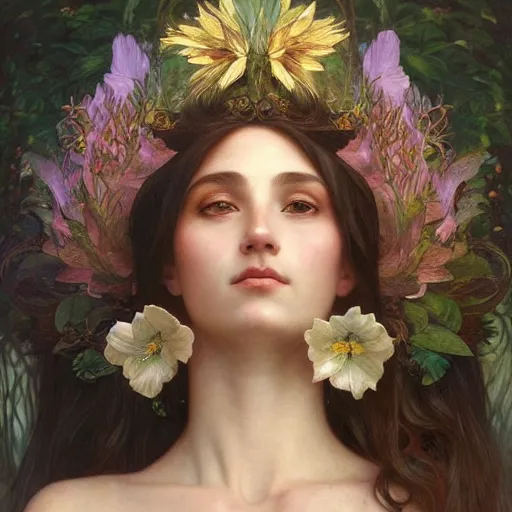 Image similar to ! dream portrait of gaea goddess, intricate, elegant, highly detailed, digital painting, artstation, concept art, smooth, sharp focus, illustration, art by artgerm and greg rutkowski and alphonse mucha and william - adolphe bouguereau, and marco mazzoni