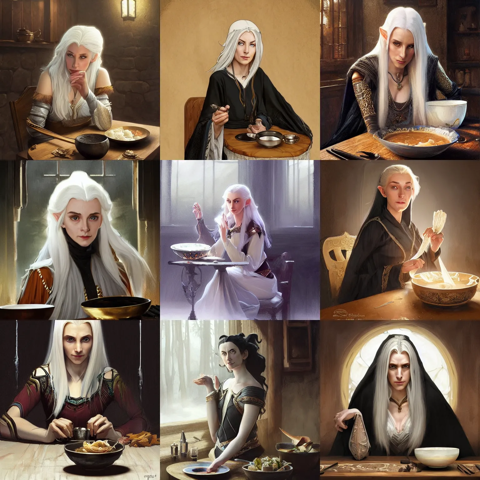 Prompt: a graceful noble female high - elf wizard with white hair and black dress sitting at a wooden table in a cabin looking sceptically at a bowl of stew, fantasy, highly detailed, digital painting, artstation, concept art, character art, art by greg rutkowski and tyler jacobson and alphonse mucha