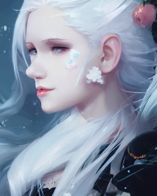 Image similar to girl with white hair and black skirt, flower decorations, dreamy, beautiful illustration, scifi, atmosphere, top lighting, blue eyes, perfect composition, smooth, artstation, highly detailed, art by yuhong ding and chengwei pan