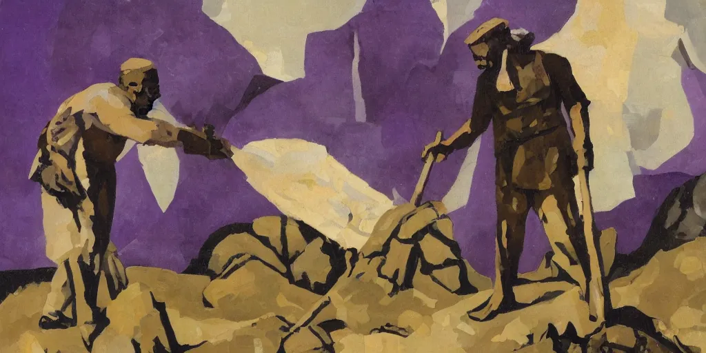 Image similar to old black man holding pick axe in hand, shades of purple, oil painting by aaron douglas,