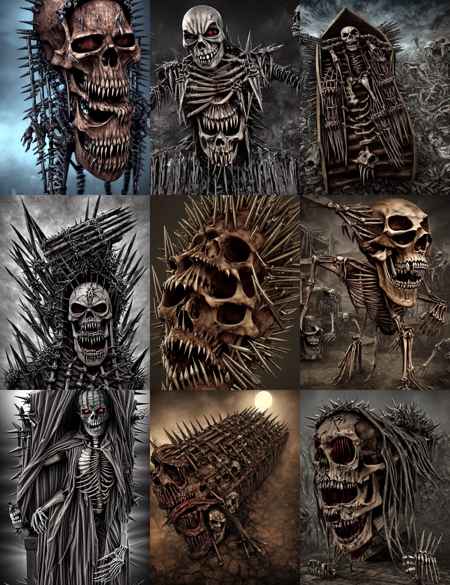 Prompt: an iron maiden: a coffin lined with spikes, with the skeleton inside, horror art, dark, very detailed render, sharp, 8k, cgsociety