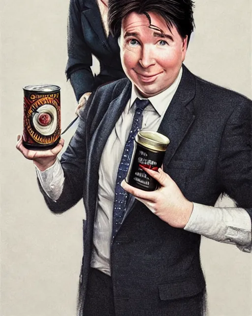 Prompt: j k rowling & michael mcintyre holding a ring pull can of sardines, elegant, real life skin, intricate, high detailed, artstation, concept art, smooth, sharp focus, art by artgerm and greg rutkowski