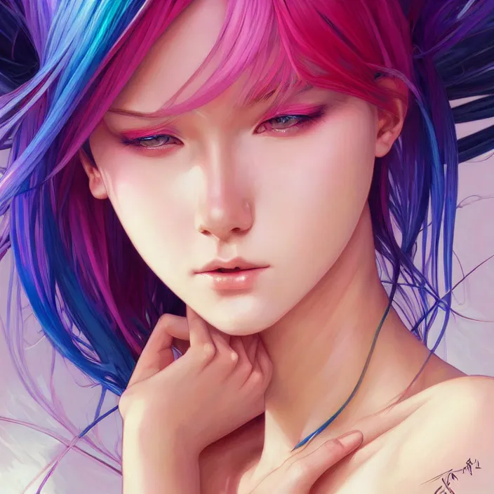 Image similar to portrait of beautiful symmetrical anime girl, rainbow hair, attractive, casual, modern, victoria's secret, highly detailed, digital painting, artstation, concept art, smooth, sharp focus, illustration, art by moebius artgerm, greg rutkowski and alphonse mucha, 8 k,