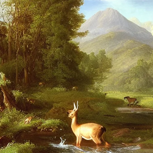 Image similar to A deer comes to drink from the stream. The deer is a metaphor for innocence. It is pure and untouched by the harshness of the world. It is gentle and fragile. An oil painting by Thomas Cole