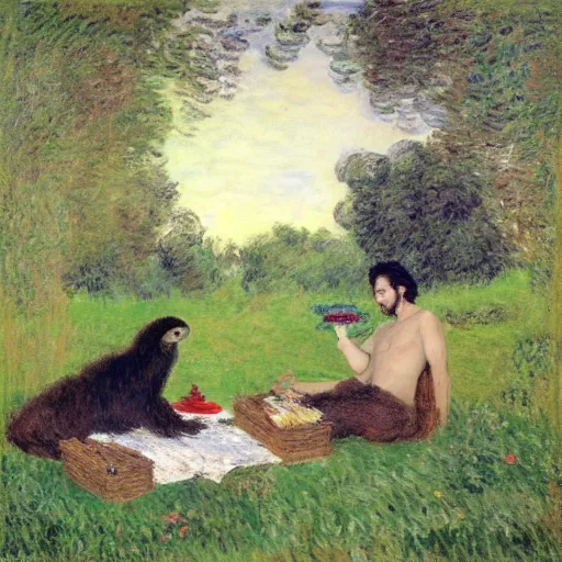 Prompt: “ a masterpiece painting of jon snow and a sloth having a picnic in central park by monet, ultra detailed, hd ”