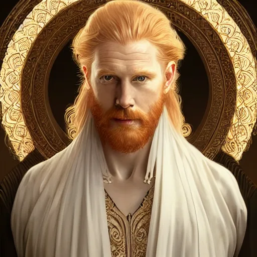 Image similar to beautiful natural middle aged male ginger god wearing a white perizoma, intricate, elegant, highly detailed, digital painting, artstation, concept art, smooth, sharp focus, illustration, art by artgerm and greg rutkowski and alphonse mucha and loish and WLOP