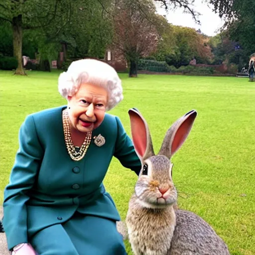 Prompt: a rabbit posing with Queen Elizabeth II in a park