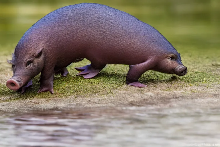 Image similar to a pig platypus!!! hybrid! hyper realistic!! realistic lighting!! wildlife photographer of the year!!! bold natural colors, national geographic, hd, wide angle, 8 k