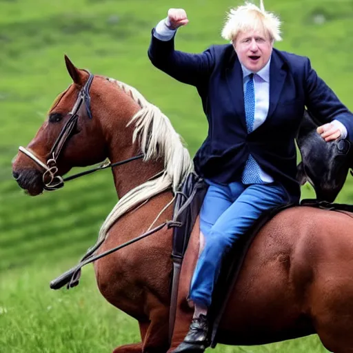 Prompt: Boris Johnson riding a horse into battle