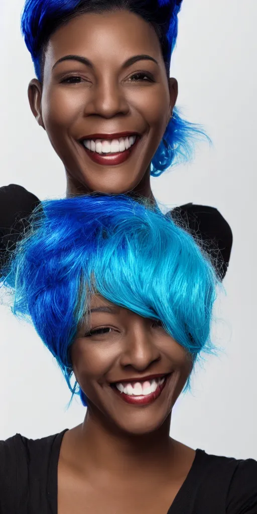 Image similar to picture of a single black woman with blue hair smiling, portrait, realistic, photograph