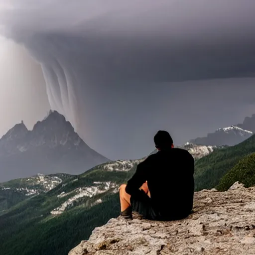 Image similar to man sitting on peak top mountain looking at huge vast sky storm tornado