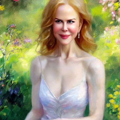 Prompt: closeup portrait of nicole kidman in the garden, morning, highly detailed, ultrarealistic oil painting, vladimir volegov, artstation