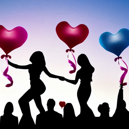 Image similar to silhouette of young women at a party with balloons and lots of hearts floating in the air