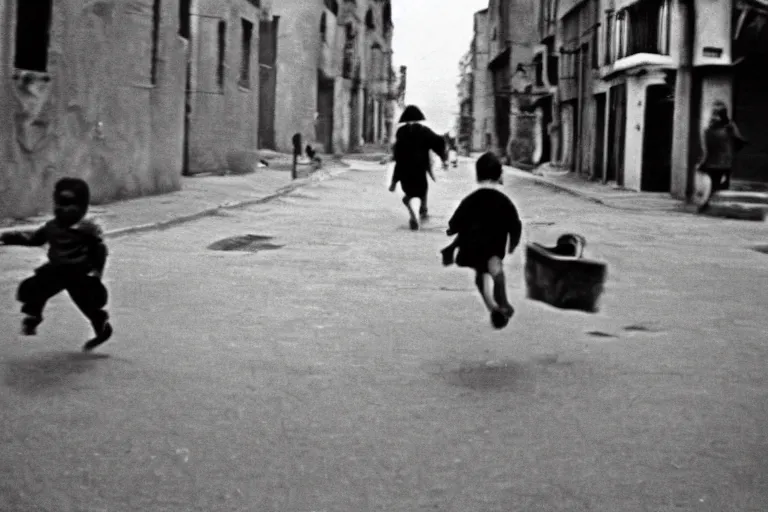 Image similar to A dirty child running down the street, decisive moment, anri cartier bresson