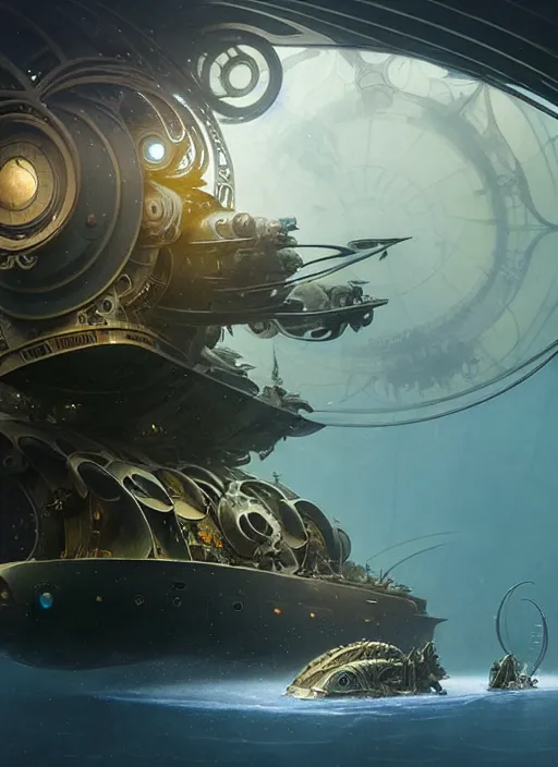 Image similar to epic concept illustration, highly detailed, intricate mechanical design, hard science concept art, underwater nautilus submarine being prepared for launch, by greg rutkowski and alphonse mucha. uhd, cinematic lighting, amazing depth, cinematography by 2 0 1 7