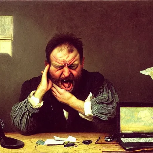 Image similar to an angry man yells at his computer monitor, oil on canvas, 1 8 8 3, highly detailed