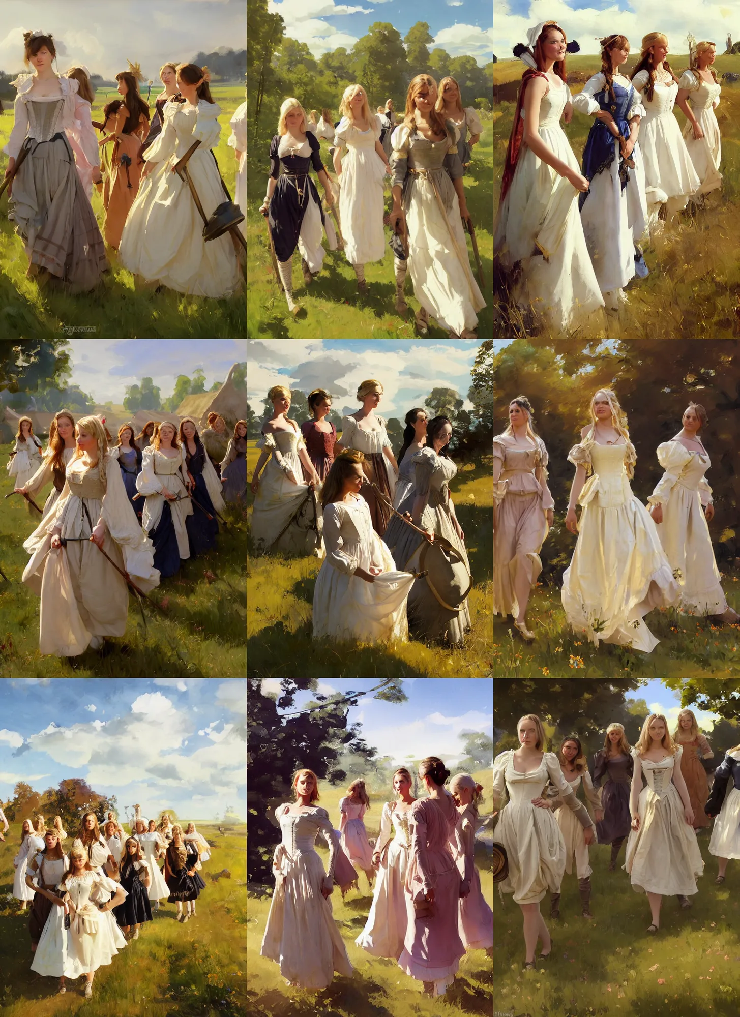 Image similar to group of finnish norwegian swedish scandinavian attractive glamour models as village maidens wearing 1 7 th century bodice with low neckline walking in the field in a sunny day, jodhpurs greg manchess painting by sargent and leyendecker, studio ghibli fantasy medium shot asymmetrical intricate elegant matte painting illustration hearthstone, by greg rutkowski by greg tocchini by james gilleard