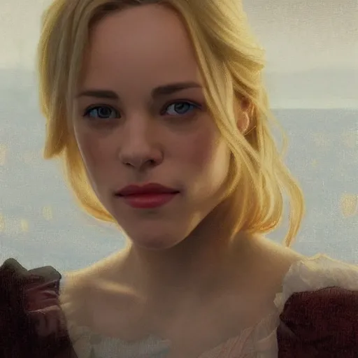 Prompt: Young blonde Rachel McAdams with thin lips, highly detailed, digital painting, artstation, concept art, smooth, sharp focus, illustration, ArtStation, art by artgerm and greg rutkowski and alphonse mucha and J. C. Leyendecker and Edmund Blair Leighton and Katsuhiro Otomo and Geof Darrow and Phil hale and Ashley wood and Ilya repin and Charlie Bowater