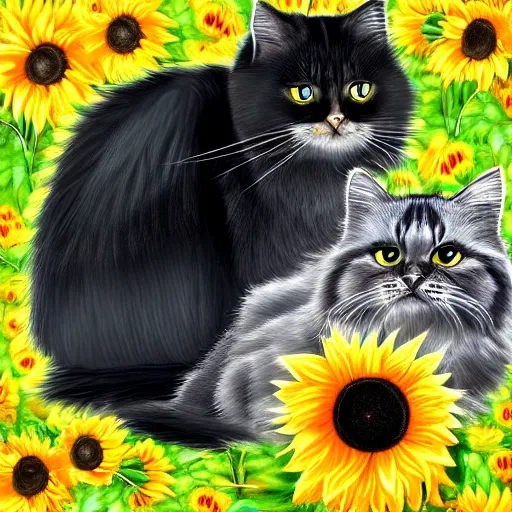 Image similar to Detailed furry silver Siberian cat kissing a black cat with sunflower background, digital art