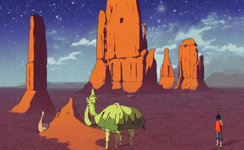 Image similar to a realistic cell - shaded studio ghibli concept art from paprika ( 2 0 0 6 ) of a cubic multi - colored rocketship from close encounters of the third kind ( 1 9 7 7 ) in a flooded monument valley stonehenge jungle jungle on a misty starry night. a camel caravan is in the foreground. very dull colors, portal, hd, 4 k, hq