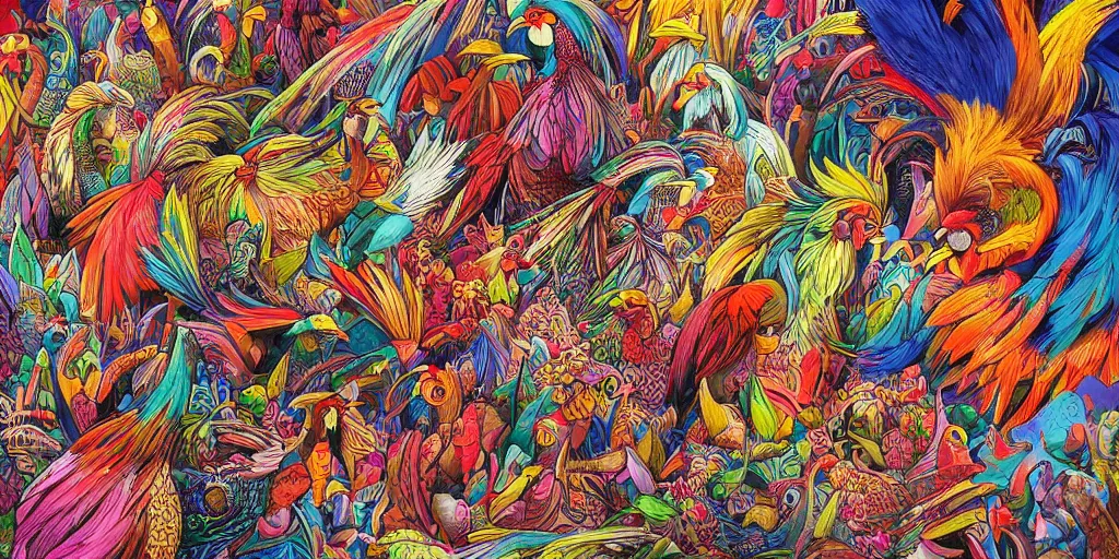 Image similar to colorful illustration of a million fighting roosters, mix of styles, abstract, surreal, intricate, highly detailed