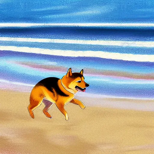 Image similar to a shiba inu running along the beach, digital art