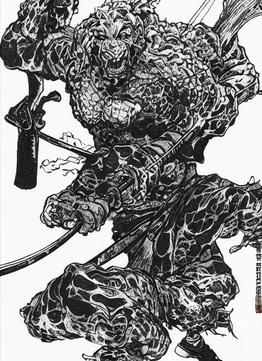 Image similar to a monstrous fungus samurai swinging a large nodachi, by takehiko inoue, masterpiece ink illustration