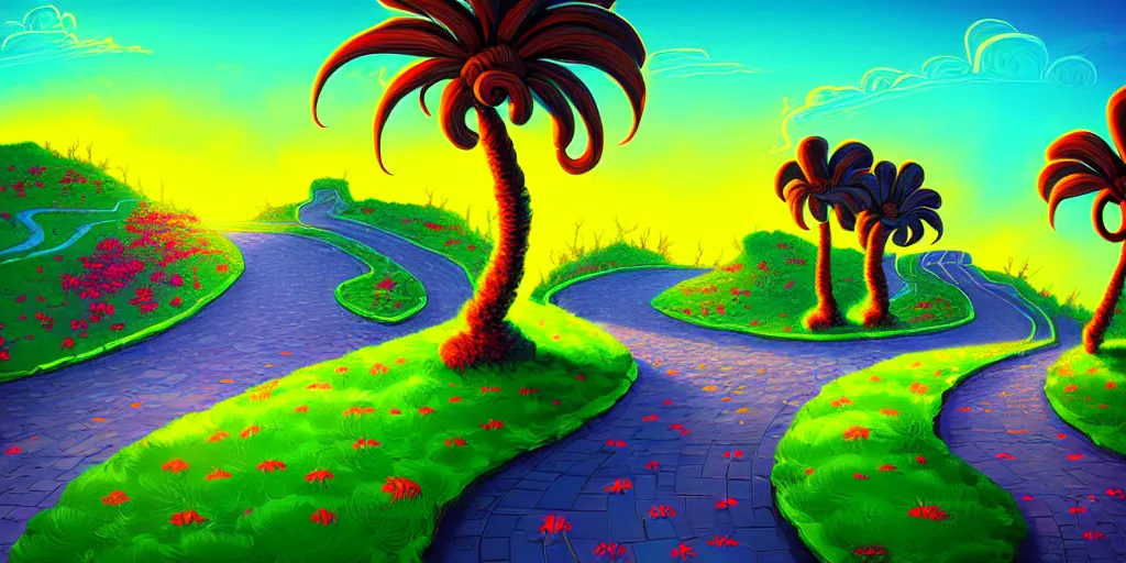 Image similar to curled perspective digital art of curly clouds cobblestone street with wildflowers to a casino in top of a hill with curly palmtrees by anton fadeev from nightmare before christmas