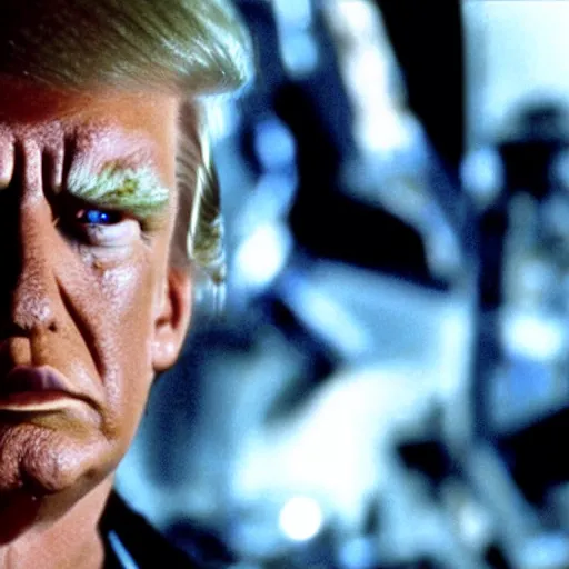 Image similar to A still of Donald Trump as The Terminator from T2 Terminator 2 Judgement Day. Extremely detailed. Beautiful. 4K. Award winning.