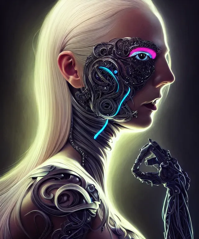 Image similar to Supermodel woman turning into an Android portrait, dark surrealism , scifi, intricate, elegant, sharp eyebrows, ornate long flowing blonde hair, highly detailed cybernetic body, neon glowing eyes, digital painting, artstation, concept art, smooth, sharp focus, illustration, art by Artgerm and moebius and Peter Mohrbacher