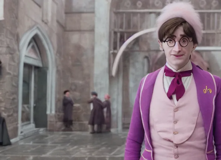 Image similar to a film still of cosplay of harry potter in the grand budapest hotel ( 2 0 1 4 ), 4 k