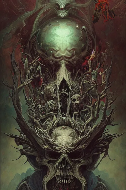 Prompt: evil gigantic demon skull lord of death, fantasy painting, ultra realistic, wide angle, art nouveau, intricate details, rainbowshift, vivid colors, highly detailed by peter mohrbacher, h. r. giger, maxfield parrish, gaston bussiere, gustave dore, craig mullins