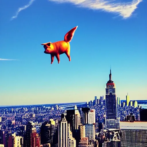 Prompt: a pig flying above new york