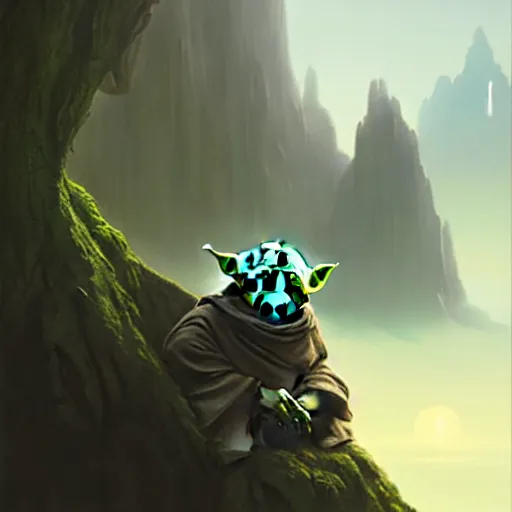 Prompt: Yoda wearing sunglases, matte painting by Greg Rutkowski