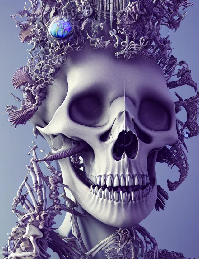 Image similar to 3 d goddess skeleton macro close - up portrait with crown made of ram skull. betta fish, jellyfish phoenix, bioluminiscent fire, plasma, ice, water, wind, creature, super intricate ornaments artwork by tooth wu and wlop and beeple and greg rutkowski