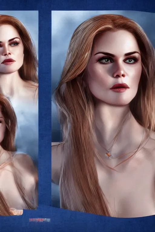 Image similar to mix of beautiful young maria shriver, mariel hemmingway, brooke shields, nicole kidman and elle macpherson as a vampire with mouth open with sharp teeth, thin lips, hair tied up in a pony tail, dark blonde hair, colorful, artstation, cgsociety