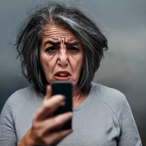 Prompt: astonished and angry middle aged lady looking at smartphone, unsure expression, uncombed hair, greek ethnicity, persian face structure, straight grey hair, angry eyes, photo, realistic, outdoor lighting, 4 k, 8 k, hd, 3 9 mm lens