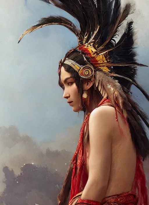 Image similar to gorgeous redskin woman wearing headdress, intricate, elegant, highly detailed, artstation, concept art, smooth, sharp focus, illustration, art by and greg rutkowski and orientalism and bouguereau