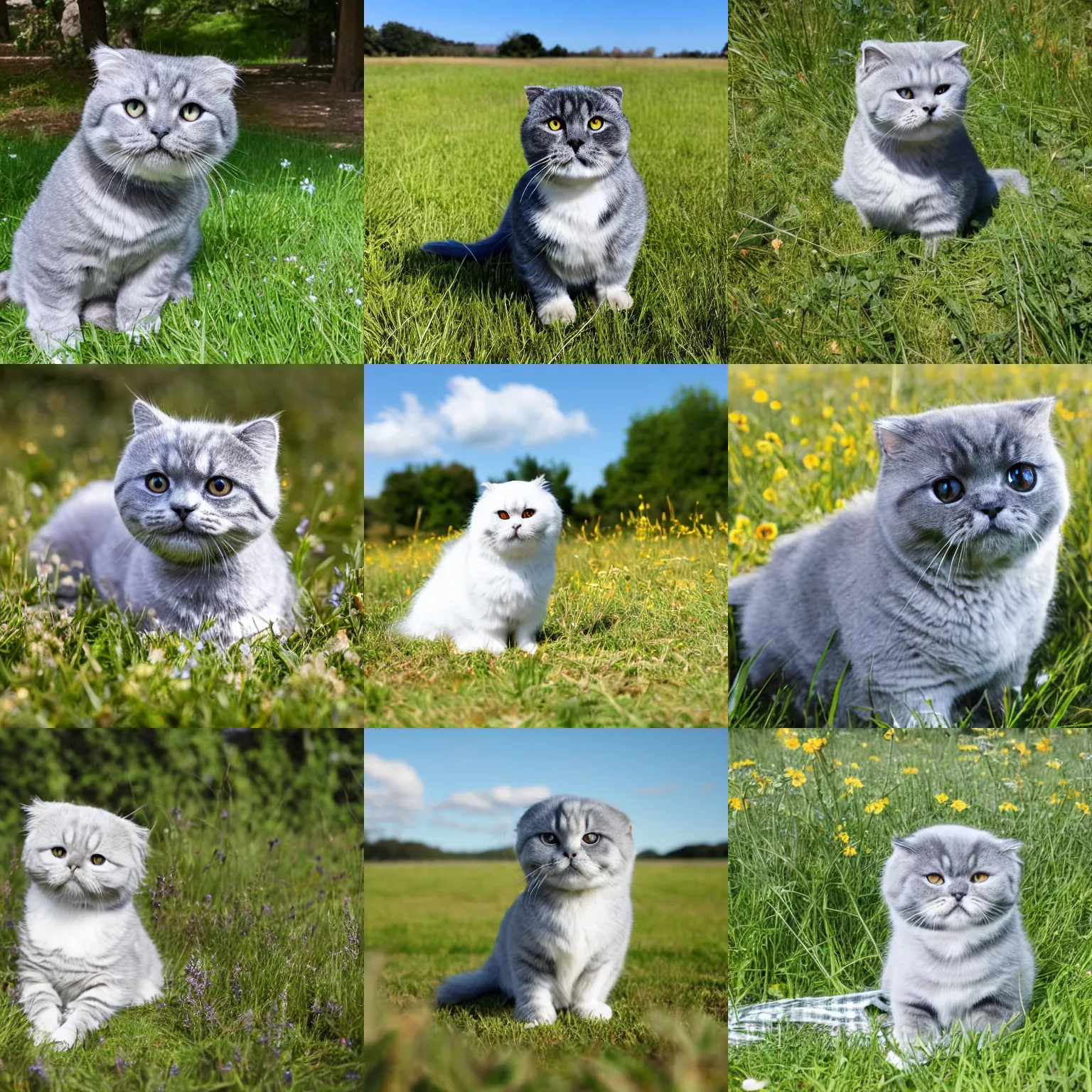 Prompt: silver scottish fold sitting in the middle of sunny meadow