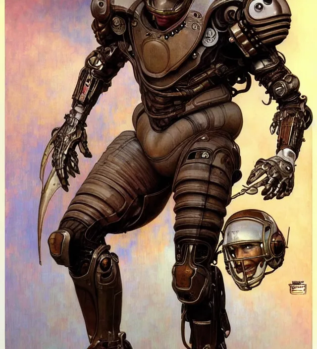 Prompt: realistic detailed portrait in pose of a handsome futuristic american _ football _ player in alien cyberpunk armor by alphonse mucha, ayami kojima, amano, moebius, greg hildebrandt, and mark brooks, female, feminine, art nouveau, cyberpunk, neo - gothic, gothic, masterpiece artwork, character concept design, bloodbowl player