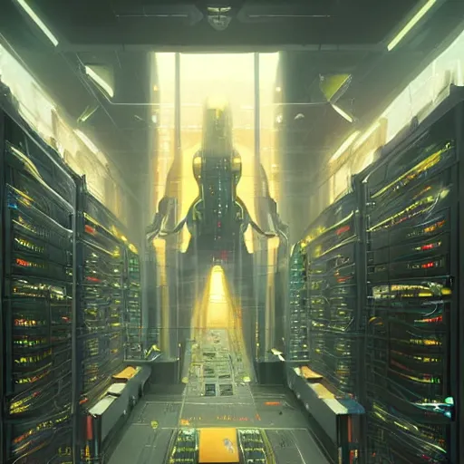 Image similar to professional painting of monumental conscious supercomputer with huge - cybernetic - face!!!! in the center of endless colossal server room talking with small people, trending on artstation, cyberpunk, sci - fi, futuristic, by greg rutkowski and maciej kuciara, high quality, perspective depth