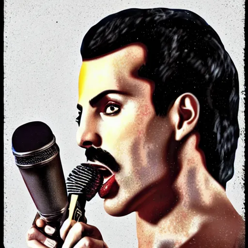 Image similar to Freddie mercury is singing in a post apocalyptic world, digital art