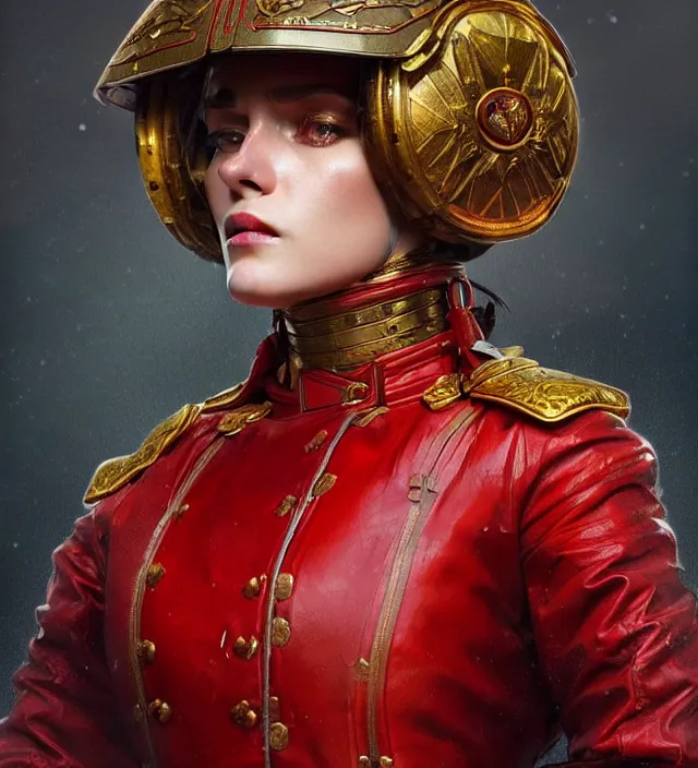 Prompt: portrait of a russian woman wearing a red traditional nineteenth century military jacket, metal shoulder pauldrons, intricate, highly detailed, digital painting, artstation, concept art, sharp focus, cinematic lighting, illustration, art by artgerm and greg rutkowski, alphonse mucha, cgsociety