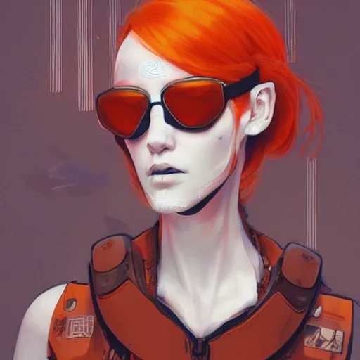 Image similar to a woman with orange hair and a white helmet, cyberpunk art by james jean, featured on cgsociety, retrofuturism, futuristic, dystopian art, ilya kuvshinov