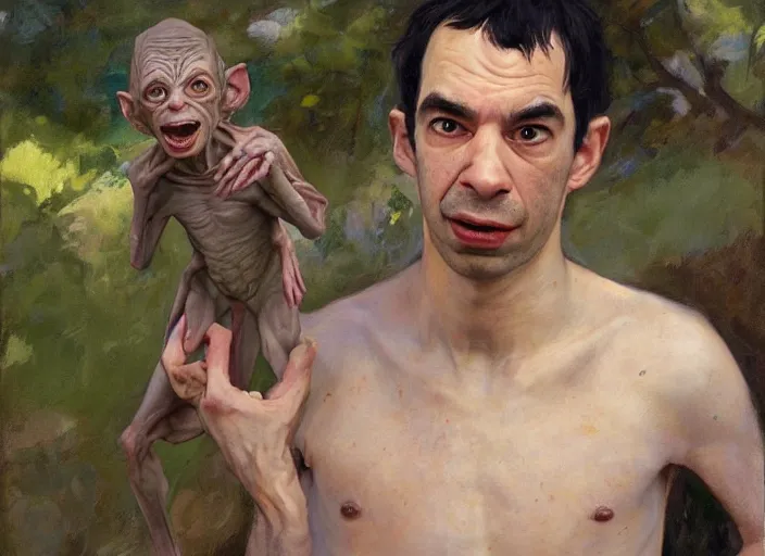 Image similar to a highly detailed beautiful portrait of nathan fielder as gollum, by gregory manchess, james gurney, james jean