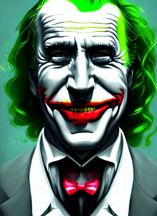 Image similar to portrait of joe biden as the joker, green hair, intricate, elegant, glowing lights, highly detailed, digital painting, artstation, concept art, sharp focus, illustration, art by wlop, mars ravelo and greg rutkowski