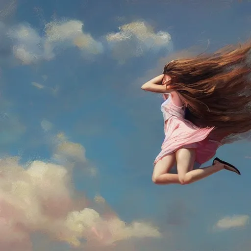 Prompt: girl with long brown hair flying through the sky between fluffy pink clouds, Greg Rutkowski, dynamic lighting, cheerful, award-winning oil painting,